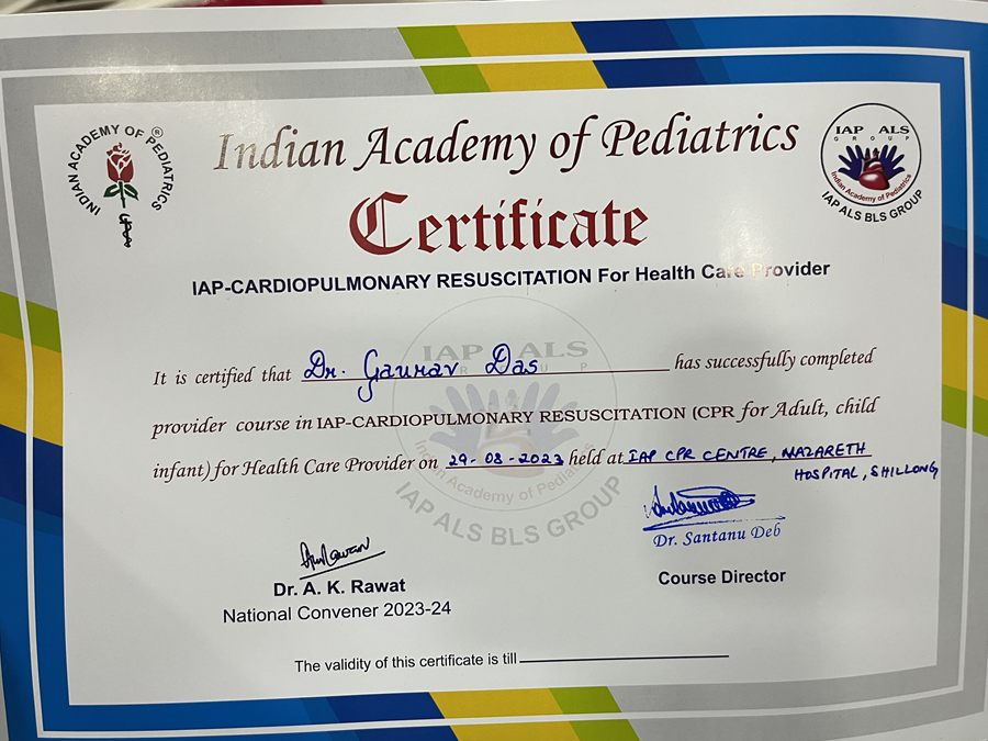 Indian Academy of Pediatrics certificate for Dr. Gaurav Das: CPR course for adults, children and infants, August 2023